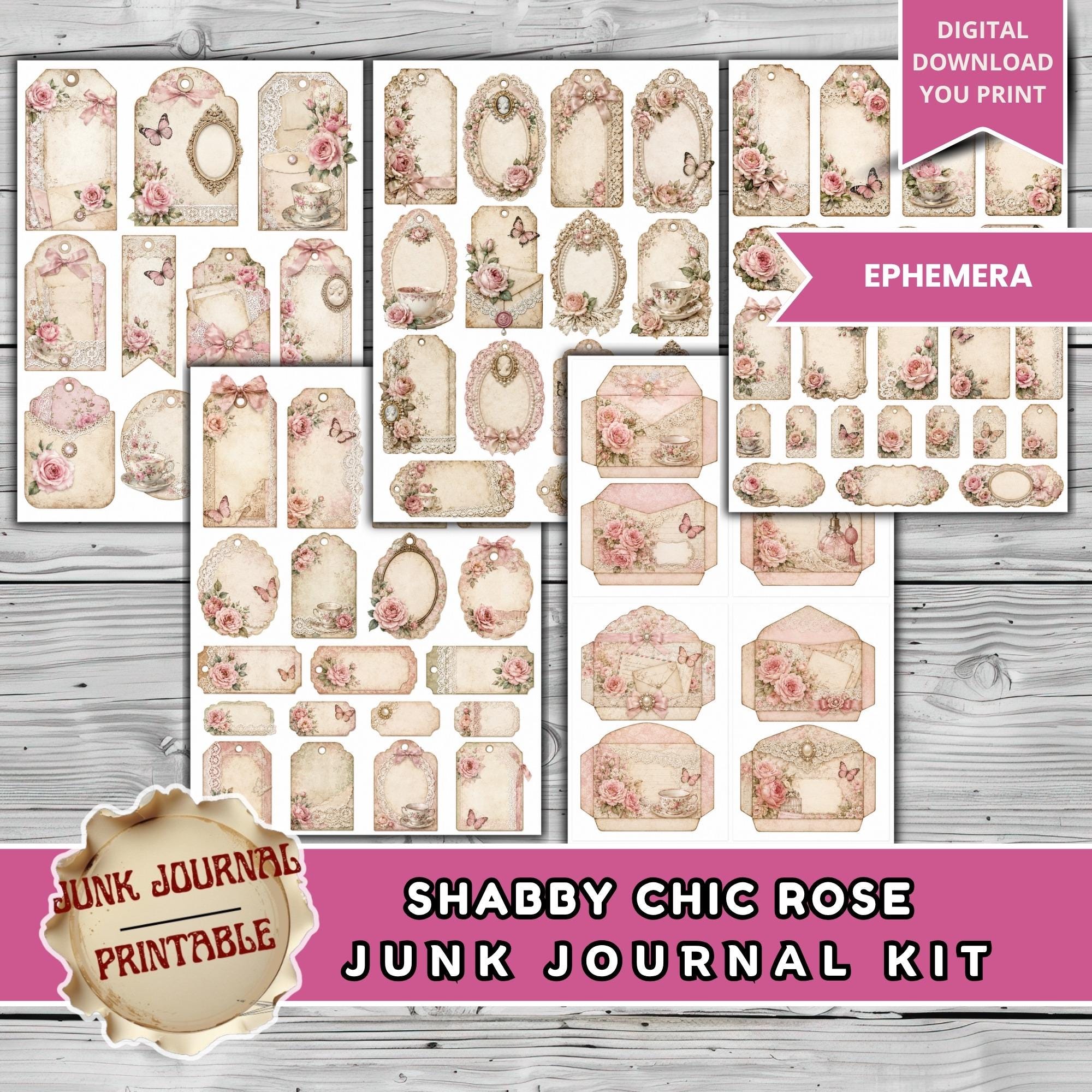 Shabby Chic Rose Junk Journal Kit, Vintage Floral Scrapbook Pages, Pink ...