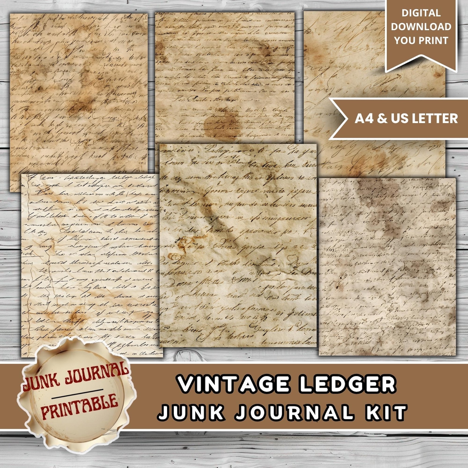 Vintage Ledger Junk Journal Kit Printable, Antique Ledger Paper Pack ...
