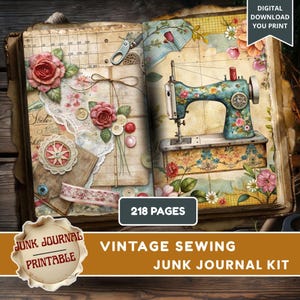 Kit de diario de costura vintage, 218 páginas imprimibles, recortes precisos, etiquetas, adornos de costura, descarga digital, papel para álbumes de recortes, materiales para manualidades