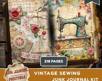 Vintage Sewing Junk Journal Kit, 218 Printable Pages, Fussy Cuts, Tags, Sewing Ephemera, Digital Download, Scrapbook Paper, Craft Supplies
