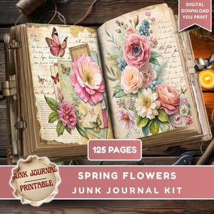 Puede incluir: Diario de chatarra abierto con ilustraciones florales y de mariposas. Las páginas presentan rosas de acuarela, mariposas y efímeras vintage. El diario tiene 125 páginas y está etiquetado como "Spring Flowers Junk Journal Kit."