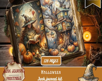 May include: Open junk journal with Halloween-themed illustrations. One page shows a witch reading, the other a treehouse. Pumpkins and candles are scattered around. The text reads "128 pages", "Halloween Junk journal kit", and "Digital Download You Print".