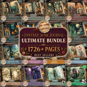 May include: A collection of fantasy-themed junk journal kits, including Celtic Witch, Pastel Fairycore, and Bohemian Witch. The image showcases various journal covers with illustrations and text, including a bundle with 1726+ pages. Each journal kit has a different number of pages.