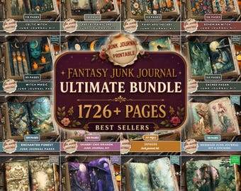 May include: A collection of fantasy-themed junk journal kits, including Celtic Witch, Pastel Fairycore, and Bohemian Witch. The image showcases various journal covers with illustrations and text, including a bundle with 1726+ pages. Each journal kit has a different number of pages.