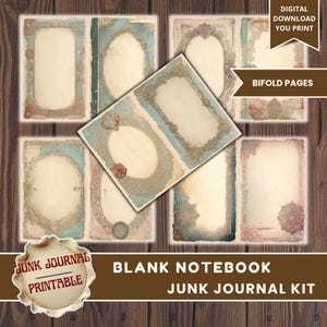 May include: A collection of vintage-style journal pages with ornate frames and decorative elements in soft pastel colors. The pages are labeled "Bifold Pages" and "Blank Notebook Junk Journal Kit" and are designed for digital download and printing.