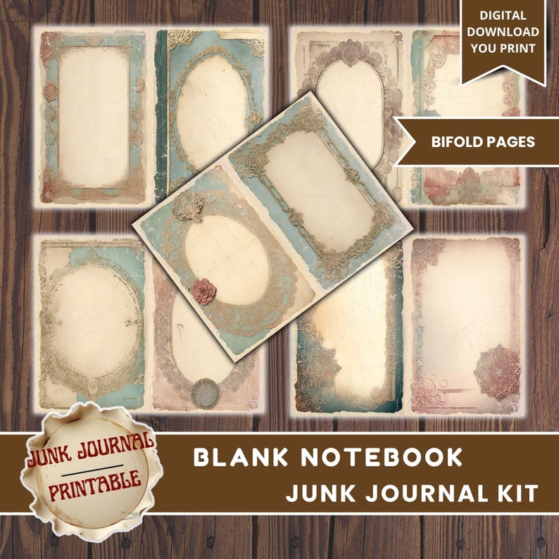 May include: A collection of vintage-style journal pages with ornate frames and decorative elements in soft pastel colors. The pages are labeled "Bifold Pages" and "Blank Notebook Junk Journal Kit" and are designed for digital download and printing.