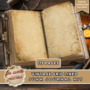 Op de afbeelding: Een open boek met verouderde, beige papieren pagina's met een raster- en lijnenpatroon, botanische illustraties en cirkelvormige vlekken. De tekst op de afbeelding luidt: DIGITAL DOWNLOAD YOU PRINT, 115 PAGES, VINTAGE GRID LINED JUNK JOURNAL KIT.