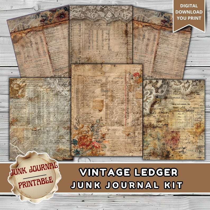 Vintage Ledger Junk Journal Kit Printable, Antique Ledger Paper Pack ...