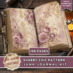 Puede incluir: Diario abierto con patrones florales y damasco en tonos crema, beige y morado. El diario tiene 108 páginas y está etiquetado como "Shabby Chic Pattern Junk Journal Kit". También se ven las palabras "Digital Download You Print" y "Junk Journal Printable".