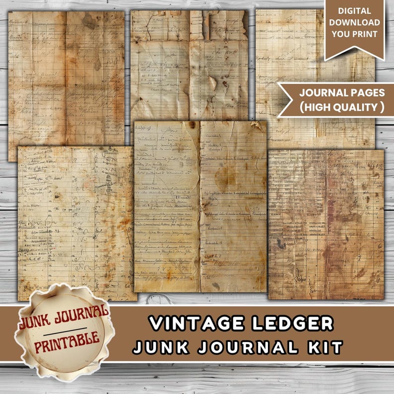 Vintage Ledger Junk Journal Kit Printable, Antique Ledger Paper Pack ...