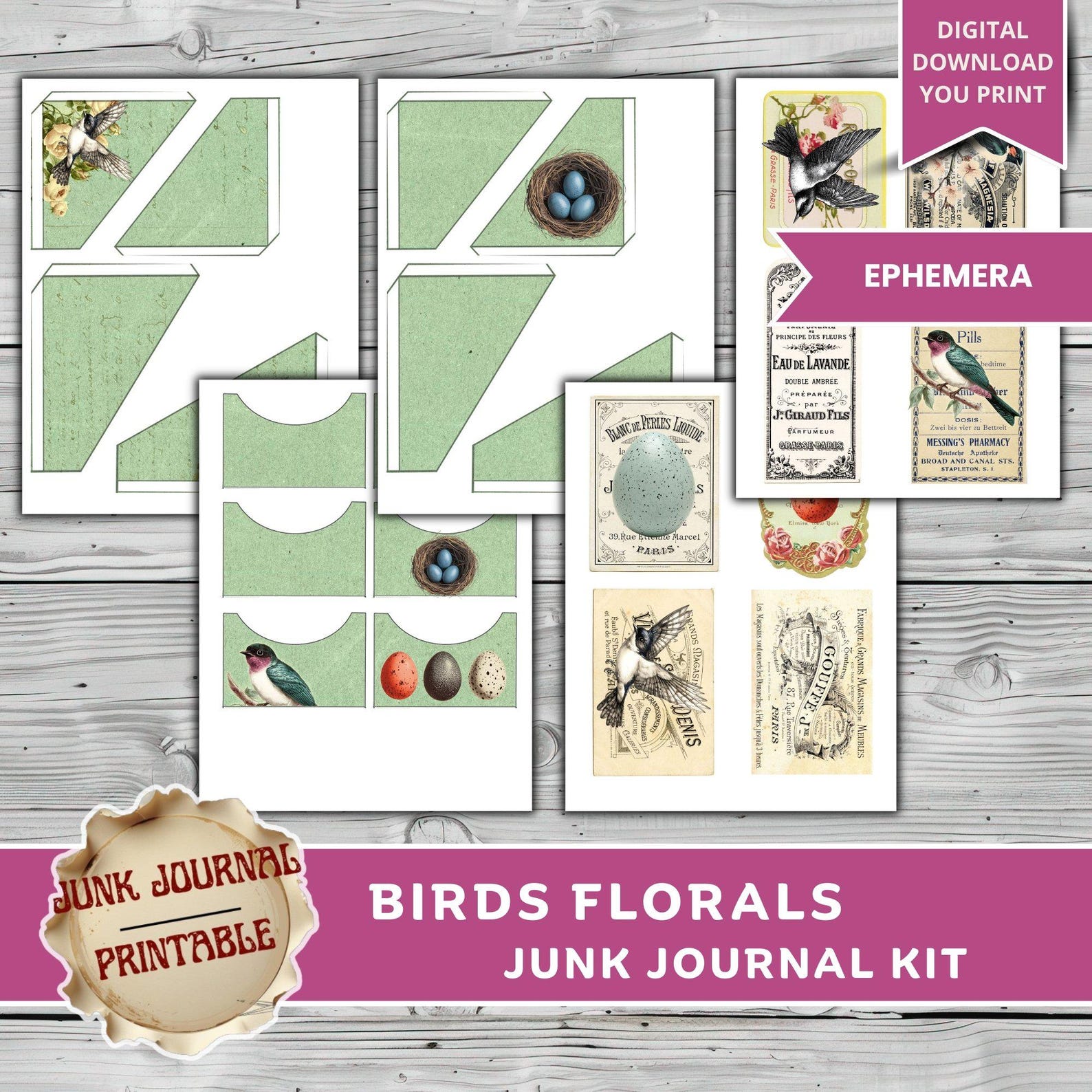 Bird Junk Journal Kit Printable, Vintage Bird Florals Ephemera, Spring ...
