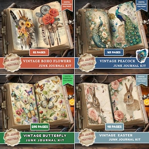 Junk journal printable bundle open book spreads showing vintage boho dreamcatcher flowers 82 pages, peacock with botanical roses 169 pages, butterfly species collection 295 pages, and Easter bunnies with spring florals 48 pages