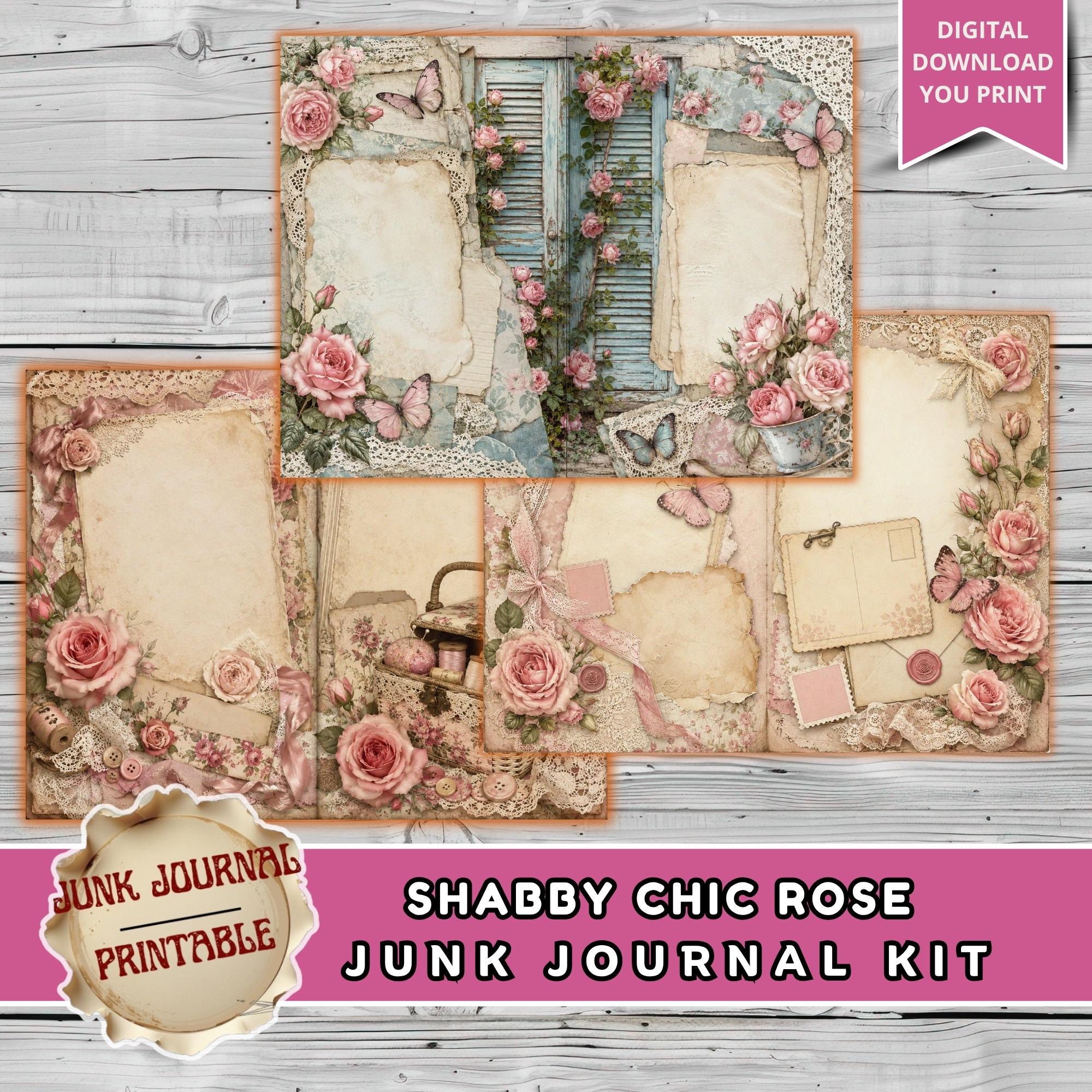 Shabby Chic Rose Junk Journal Kit, Vintage Floral Scrapbook Pages, Pink ...