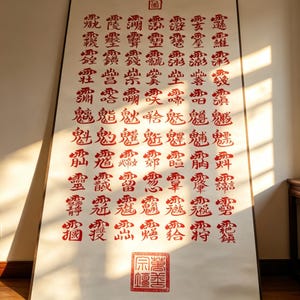May include: A large rectangular wall hanging featuring a grid of intricate red Chinese calligraphy characters on a white background. The artwork includes a red square seal at the top and a larger red square seal at the bottom, displayed vertically.