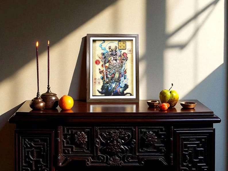 May include: A framed artwork depicting a deity figure, displayed on a dark wooden table. Two lit candles in ornate holders, an orange, and fruit are arranged on the table. The artwork features vibrant colors and intricate details.