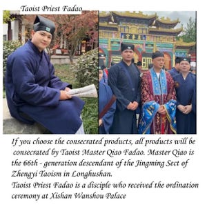 May include: Two images of Taoist priests in traditional robes and hats. One priest is seated, holding a scroll. The other image shows a group of priests in front of a temple. Text reads "Taoist Priest Fadao".