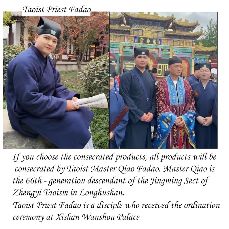 May include: Two images of Taoist priests in traditional robes and hats. One priest is seated, holding a scroll. The other image shows a group of priests in front of a temple. Text reads "Taoist Priest Fadao".