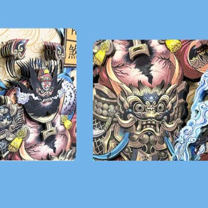 May include: Close-up of a detailed, multi-layered paper art piece featuring two mythical figures. The artwork showcases intricate designs with a color palette of black, gold, blue, and red. The figures have detailed facial features and ornate armor.