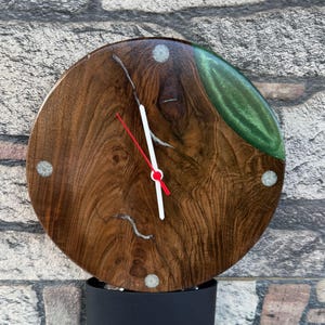 Handcrafted Walnut Wall Clock: Green Resin Modern Rustic Decor