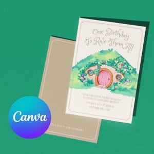 May include: A birthday invitation with the text "One Birthday To Rule Them All" featuring a whimsical illustration of a hobbit hole. The invitation is cream-colored with a pink door and green foliage. A matching envelope is behind it.