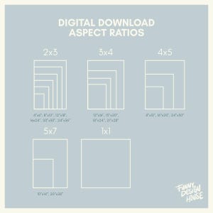 May include: A light blue graphic with the text "DIGITAL DOWNLOAD ASPECT RATIOS" and various aspect ratio examples, including 2x3, 3x4, 4x5, 5x7, and 1x1. Each ratio displays example sizes in inches. The Funny Design House logo is in the bottom right.
