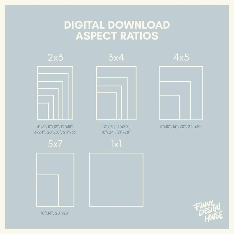 May include: A light blue graphic with the text "DIGITAL DOWNLOAD ASPECT RATIOS" and various aspect ratio examples, including 2x3, 3x4, 4x5, 5x7, and 1x1. Each ratio displays example sizes in inches. The Funny Design House logo is in the bottom right.