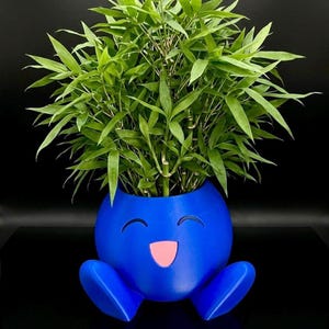 Può includere: Un vaso blu vivace a forma di personaggio rotondo con due piedi, caratterizzato da un volto sorridente con occhi curvi e una bocca rosa. Il vaso contiene una rigogliosa pianta di bambù verde con numerose foglie sottili e appuntite.