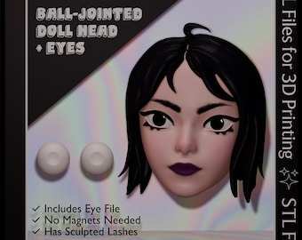 Cabeza de muñeca articulada (BJD) con pestañas esculpidas. Archivos STL para impresión 3D.