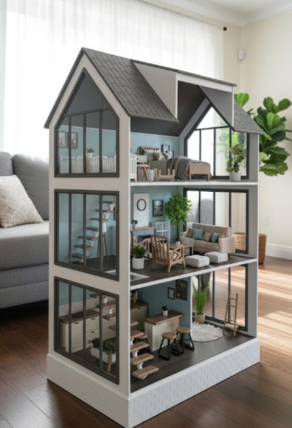 Large Modern Wooden Dollhouse with Furniture & Lighting