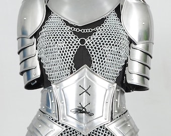 Women’s Medieval Knight Steel Cuirass Armor Set with Chainmail Top & Skirt for LARP Cosplay