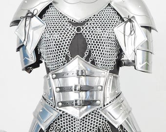 Lady Knight Steel Cuirass Armor Set – Women's Medieval Chainmail Dress, Pauldrons & Greaves LARP, Cosplay