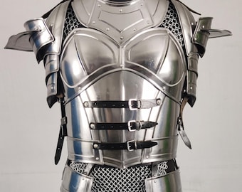 Women’s Medieval Knight Armor Set, Steel Cuirass, Pauldrons, Greaves, Bracers, LARP Renaissance Cosplay Costume