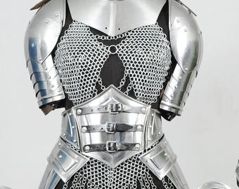 Women's knight Steel Cuirass Armor Set with Chainmail Skirt & Top – Medieval LARP, Cosplay Armour
