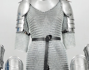 Medieval Chainmail Dress for Women, Steel Knight Armor with Pauldrons & Greaves, LARP Costume Armour