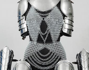 Brave Lady Steel Chainmail Armor Set, LARP Cosplay Costume, Pauldrons, Gorget Medieval Armour