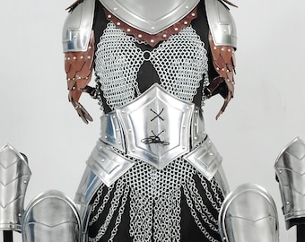 Women’s Medieval Armor Set, Chainmail Dress, Steel Gorget, Pauldrons, Greaves, Female Knight LARP Costume
