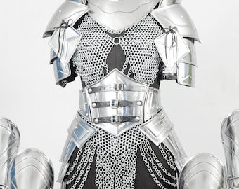 Ensemble d'armure de chevalière en acier – Robe médiévale en cotte de mailles pour femme, épaulières et jambières – GN, Cosplay