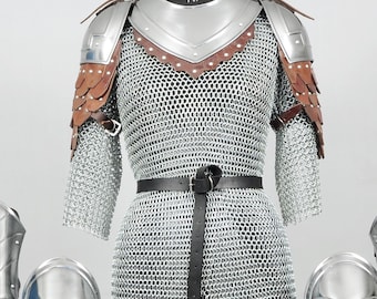 Women's Medieval Armor Set: Chainmail Hauberk, Gorget, Pauldrons & Greaves, Knight LARP Cosplay Costume