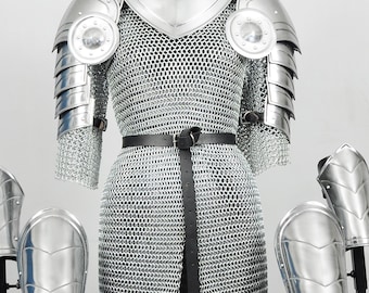 Women’s Chainmail Armor Set, Medieval Knight Hauberk with Steel Pauldrons & Greaves, LARP Cosplay