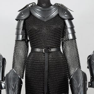 Black Knight Armor Set, Women’s Chainmail Dress, Gothic Steel Pauldrons & Greaves, LARP Costume