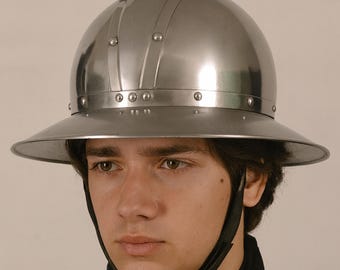 Medieval Knight Kettle Hat Helmet, 18 Gauge Steel, Spanish War Design, Chainmail, LARP SCA