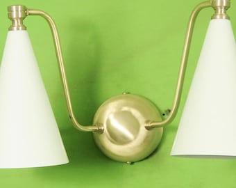 Brass Lamp Mid-Century Double Cone Wall Sconce with Ivory Shades  Handmade Modern Wall Lighting
