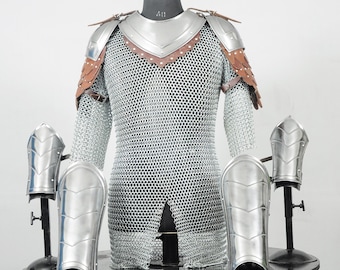 Medieval Steel Cuirass Armor Set with Chainmail Shirt, Pauldrons, Gorget LARP Cosplay Costume
