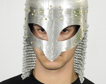 Viking Gjermundbu Helmet with Chainmail | Authentic Norse Warrior Helmet | Handmade Etched Steel LARP & Armor