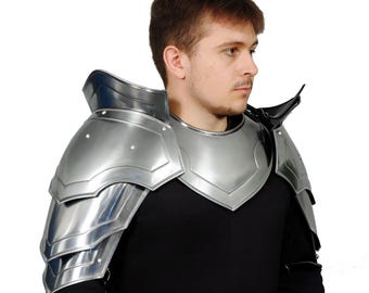 男性用スチール製騎士肩当て・喉当てセット – 中世の鎧、LARP、コスプレ衣装、プレートアーマー、再現