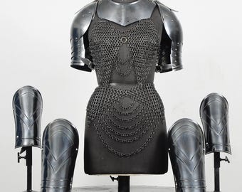 Black Steel Female Knight Armor Set Chainmail Top, Skirt, Gorget & Pauldrons for LARP Cosplay