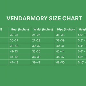 K&ouml;nnte beinhalten: Eine gr&uuml;ne Vendarmory-Gr&ouml;&szlig;entabelle mit wei&szlig;em Text. Die Tabelle listet Gr&ouml;&szlig;en von XS bis XXL auf, einschlie&szlig;lich Brust-, Taillen- und H&uuml;ftma&szlig;en in Zoll sowie H&ouml;henbereichen in Fu&szlig; und Zoll. Das Rasterlayout organisiert die Daten f&uuml;r jede Gr&ouml;&szlig;e.