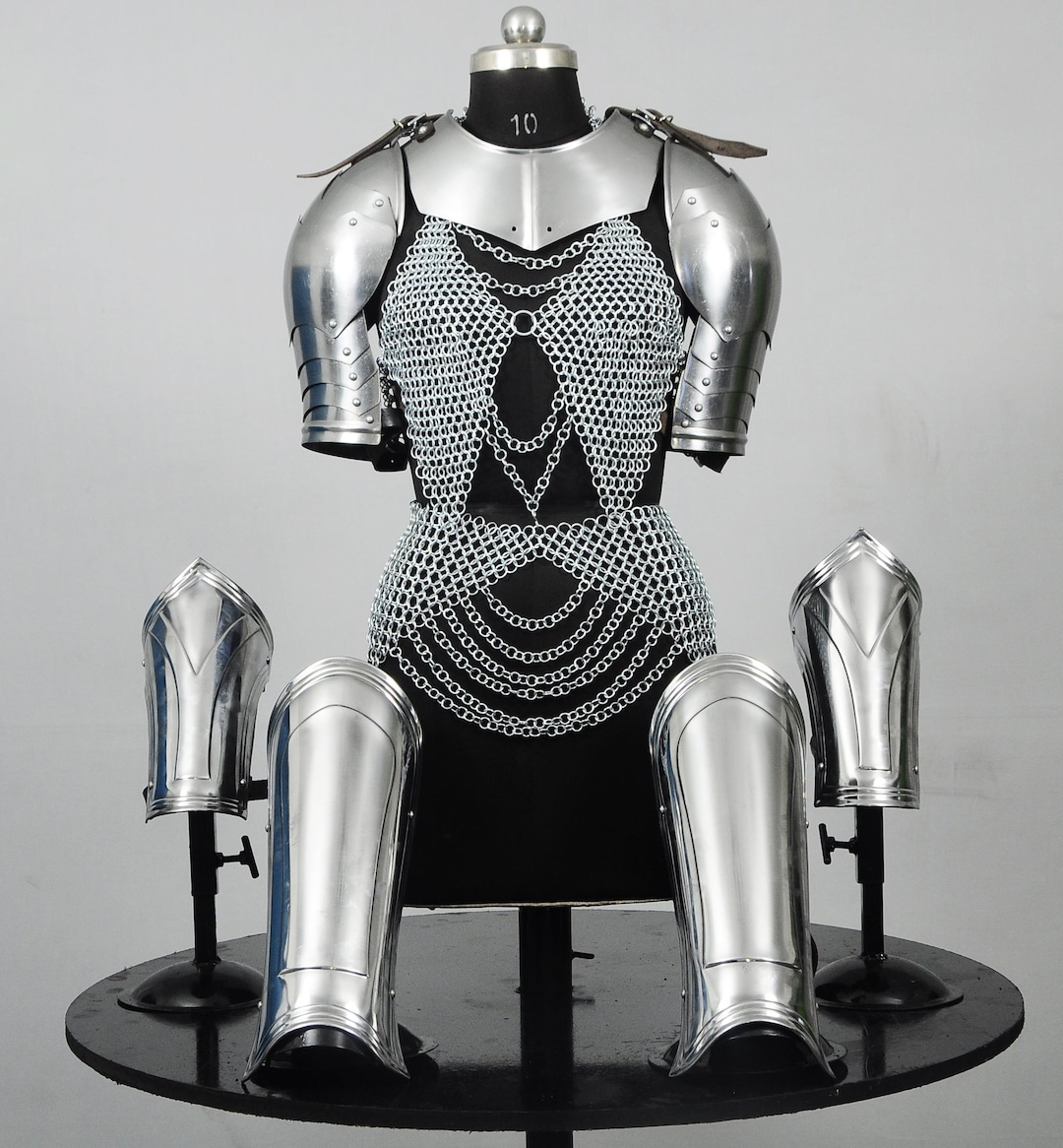 Ensemble d'armures en acier pour femmes médiévales, cuirasse de cotte de mailles avec gorgerin et épaulettes, armure de chevalier femme, GN