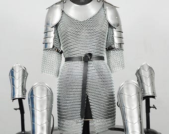 Medieval Knight Steel Chainmail Shirt Armor Set with Pauldrons & Gorget, Wearable LARP Cosplay Costume