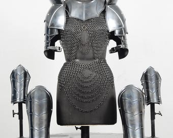 Female Knight Steel Armor Set with Chainmail Top, Skirt, Gorget & Pauldrons for LARP Cosplay